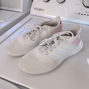 White and pink Adidas cloud foam tennis shoes